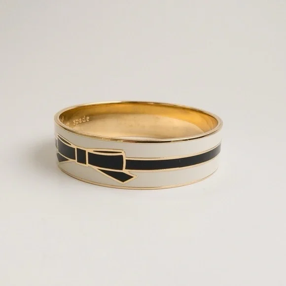 Kate Spade Enamel All Wrapped Up Bangle Cuff Bracelet Black White Enamel Gold - Picture 3 of 6